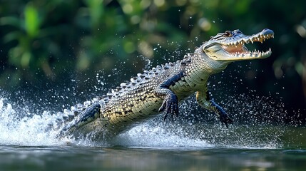 Poster - Cuban crocodile displays impressive hunting technique by leaping from water with open jaws to catch prey. Concept Cuban Crocodile, Hunting Technique, Impressive Leap, Water Predator, Prey Capture 