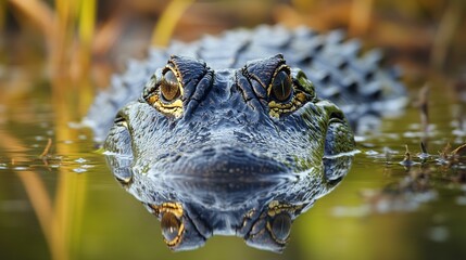 Wall Mural - In the wetlands, an alligator glides silently through the water, its eyes and snout barely visible above the surface.