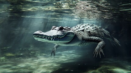 Poster - A crocodile glides silently through the murky waters. 