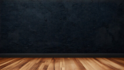 Wooden floor on black wall in dark room background