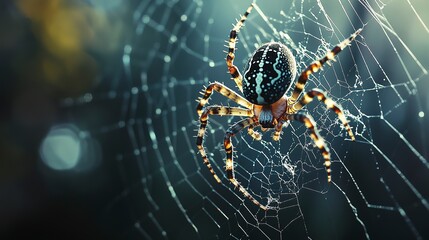 Wall Mural - macro shot of a spider weaving its web, the delicate strands and body details in sharp focus, with a