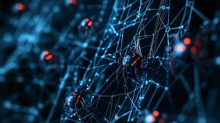Wall Mural - digital spider web with cyber microchip spiders on a data mesh.