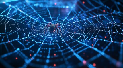 Wall Mural - digital spider web with cyber microchip spiders on a data mesh.