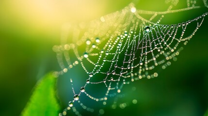 Wall Mural - delicate spider web adorned with dew drops