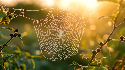 Wall Mural - cold dew condensing on a spider web with morning light rays in the background