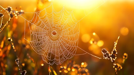 Wall Mural - cold dew condensing on a spider web with morning light rays in the background