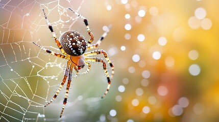 Wall Mural - a spider cautiously navigating its web after rainfall