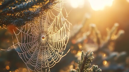 Wall Mural - cold dew condensing on a spider web with morning light rays in the background