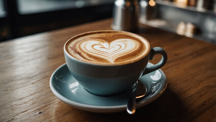 Wall Mural - Hot cappuccino with heart-shaped latte art, served in a ceramic cup with biscuits on the side in a modern cafe