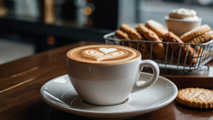 Wall Mural - Hot cappuccino with heart-shaped latte art, served in a ceramic cup with biscuits on the side in a modern cafe