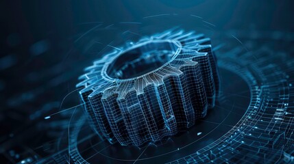 Wall Mural - a wireframe gear with a grid pattern on a black background with white lines, creating a futuristic, 