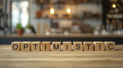 Wall Mural - Optimistic wooden cube block on the table background for good mindset and happiness.