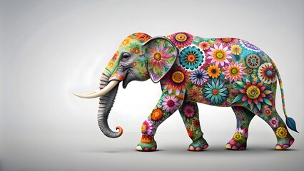 Gray elephant with colorful floral patterns walking right, elephant, gray, colorful, floral, patterns, walking, right, nature