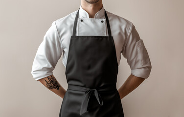 Sticker - Chef kitchen apron. Chef cook in a uniform, kitchen apron, wearing protective apparel, culinary environment, food service setting, chef in kitchen interior, apron mock-up. Realistic style photo