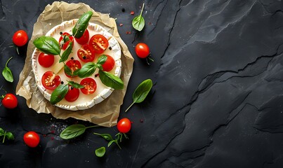 Tomatoes, cheese, basil and spices on a black background.