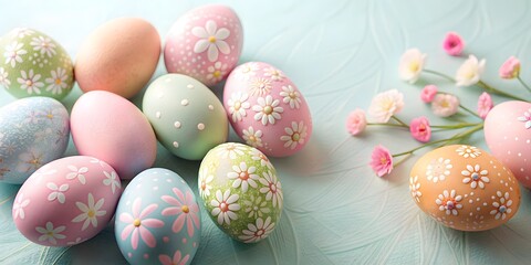 Wall Mural - Pastel colored Easter eggs with delicate floral patterns, Easter, eggs, pastel, colors, spring, holiday, decorations