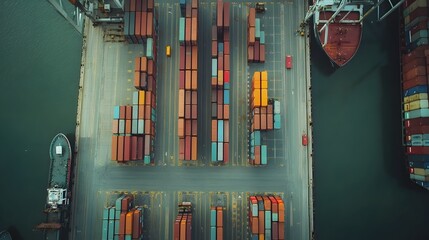 Leinwandbilder - Aerial Drone View of Bustling Industrial Port with Shipping Containers and Cranes