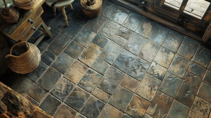 Poster - A rustic tile floor with natural stone textures, offering a cozy and earthy feel.