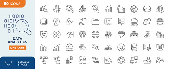 Data Analytics Line Editable Icons set. Data Analytics icons Pixel perfect. database, statistics, server, monitoring, computing, network, big data, data processing, hosting, data mining