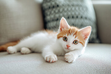 Wall Mural - Close up of a lazy kitten lying on the ground in a modern living room. The fluffy red and white kitten lies on a sofa, creating a cozy and peaceful atmosphere.