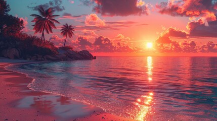 Sunset over a Tropical Beach with Palm Trees