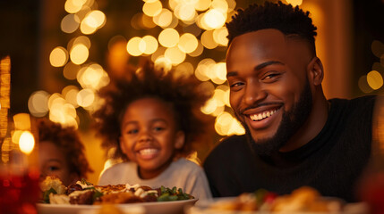 A happy family having dinner at Christmas time. Candid natural view.