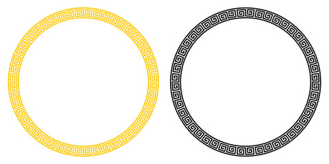 Chinese circle, circle window, Chinese style, Set of circular Greek key pattern frames in gold and black colors. Traditional meander border design for decoration, vintage ornaments, invitations