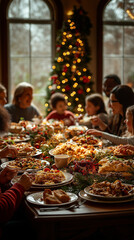 A happy family having dinner at Christmas time. Candid natural view.