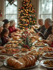 A happy family having dinner at Christmas time. Candid natural view.