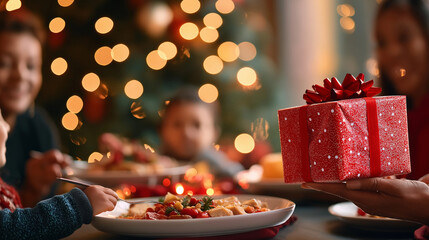 A happy family having dinner at Christmas time with a hand holding a gift.. Candid natural view.