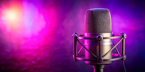 Professional microphone with a pink purple background banner, ideal for podcasts or recording studios