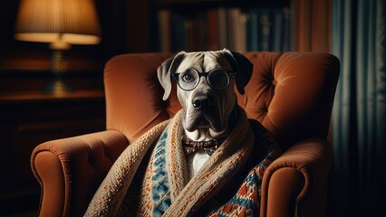 a dog wearing glasses and reading book