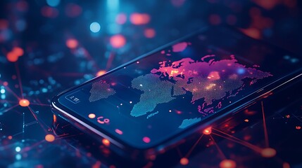 Aufkleber - Digital World Map with Mobile Commerce Icons and Global Connectivity