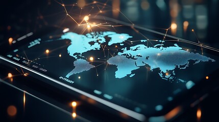 Aufkleber - Digital World Map with Mobile Commerce Icons and Global Connectivity