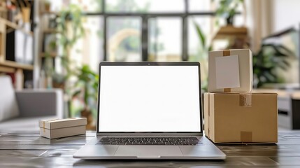 A laptop computer with a blank screen sits on a table with three boxes, one small white box and two larger cardboard boxes, against a blurry background of a window and a houseplant.