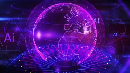 Sticker - digital space with planet hologram and infographics in the background.