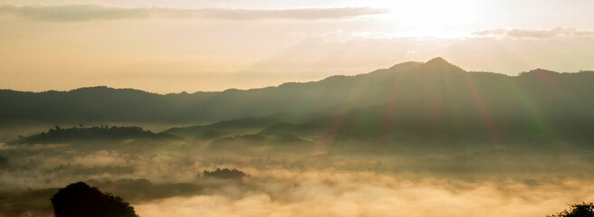 Wall Mural - Banner Beautiful Mountain landscape foggy mountain green landscape morning sunrise. Amazing Landscape mountain green tropical forest tree on sunrise. Banner forest sunlight scenery with copy space