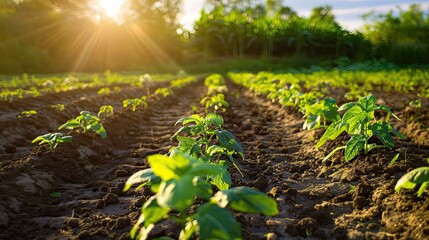 Canvas Print - Young Green Plants Growing in a Farm Field at Sunset