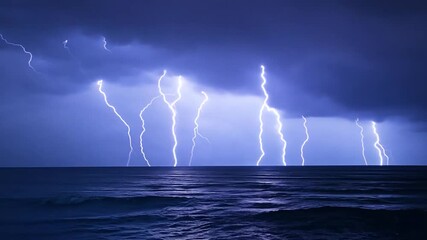time-lapse or real-time footage of a lightning storm over the ocean, capturing the dramatic flashes 