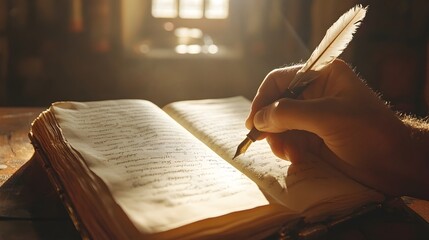 Quill Pen Writing in Old Journal with Sunlit Window Backdrop