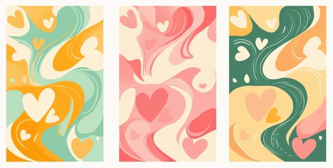 Wall Mural - White Border Frame with Retro Groovy Patterns: Heart Shapes Inside Wavy Lines in Pink, Green, and Yellow Color Palettes on White Background