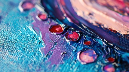 Wall Mural - closeup of an abstract painting with blue, turquoise and purple tones, with the background being a t