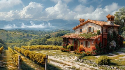 Idyllic Vineyard Landscape with Stone House Watercolor Illustration