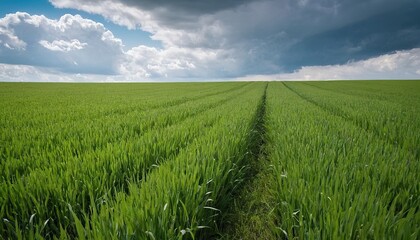 Wall Mural - Large harvest of wheat in summer on the field landscape with blue sky and clouds Wide shot 10