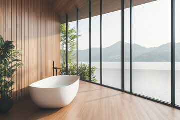 Luxury minimalist bath room, two floor high ceiling. Lake view outside the window. Spacious modern bathtub.