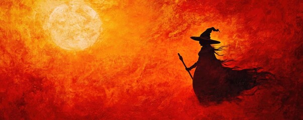 a mystical silhouette of a witch against a fiery sunset, embodying the essence of magic and enchantm