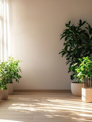 Wall Mural - Stylish living room with large potted green plants