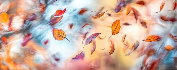 Poster - Colorful autumn leaves swirling in the breeze create a magical atmosphere of fall, evoking feelings of nostalgia and tranquility.