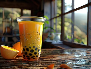 Poster - A bubble tea in a plastic cup. 