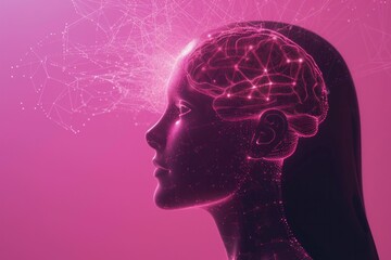 Brain network connected to woman's head concept of medical technology and innovation in neuroscience on pink background